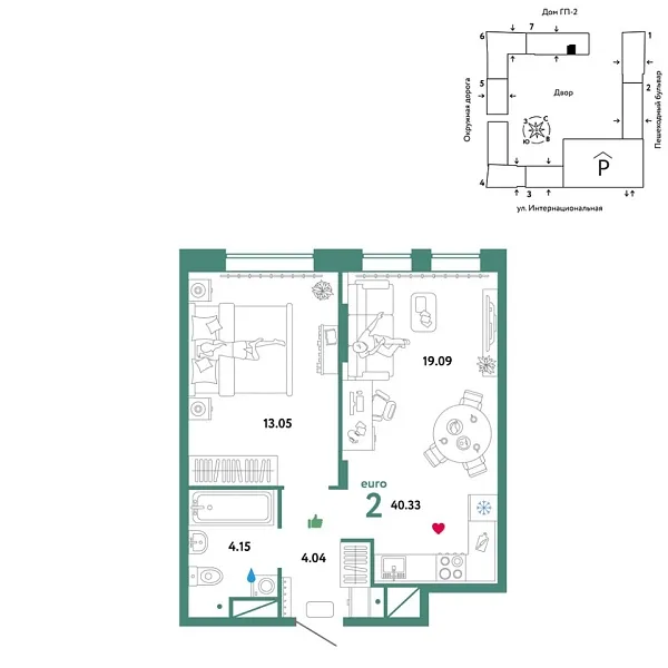 Новая 2-к квартира
 40.33 м² на 10/16 этаже в ЖК «Юнион» в городе Тюмень 