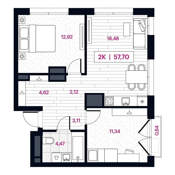 Новая 2-к квартира
 57.58 м² на 13/16 этаже в ЖК «Пушкина» в городе Тюмень 