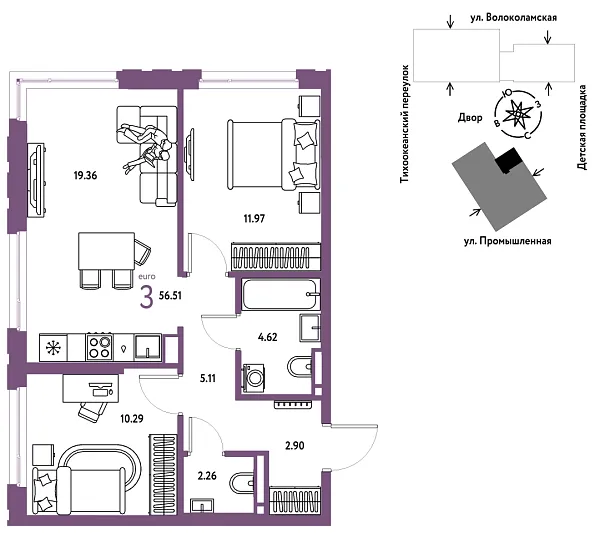 Новая 3-к квартира
 56.51 м² на 19/20 этаже в ЖК «Страна.Прибрежная» в городе Тюмень 