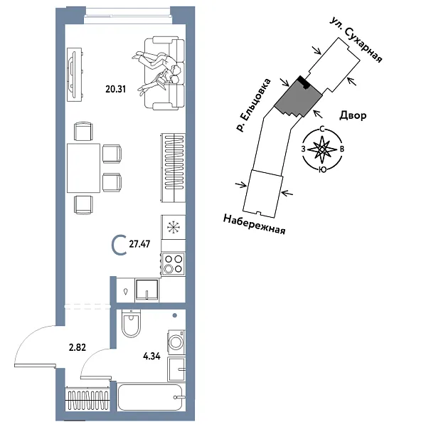 Новая квартира-студия
 27.47 м² на 24/29 этаже в ЖК «Страна.Береговая» в городе Тюмень 
