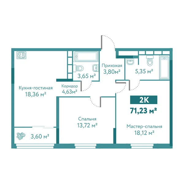 Новая 2-к квартира
 71.23 м² на 2/10 этаже в ЖК «Акватория» в городе Тюмень 