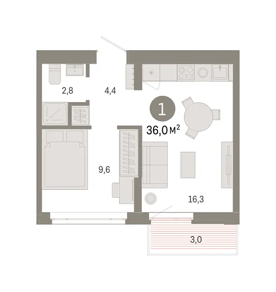 Новая 1-к квартира
 36.03 м² на 6/8 этаже в ЖК «Республики 205» в городе Тюмень 