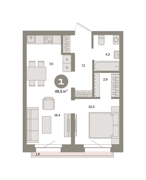 Новая 1-к квартира
 49.5 м² на 5/9 этаже в ЖК «Квартал «Метроном»» в городе Тюмень 