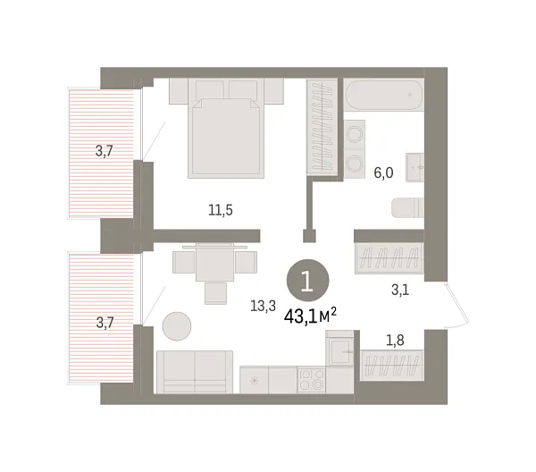 Новая 1-к квартира
 43.1 м² на 5/9 этаже в ЖК «Речной порт» в городе Тюмень 