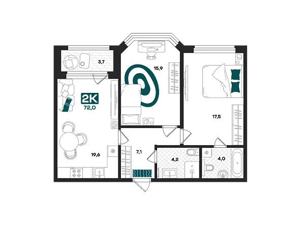 Новая 2-к квартира
 72 м² на 6/23 этаже в ЖК «Добро» в городе Тюмень 