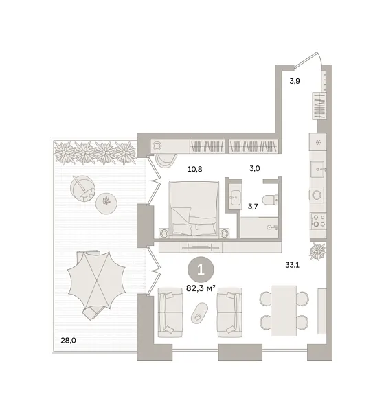 Новая 1-к квартира
 82.32 м² на 4/27 этаже в ЖК «Квартал «МОНС»» в городе Тюмень 