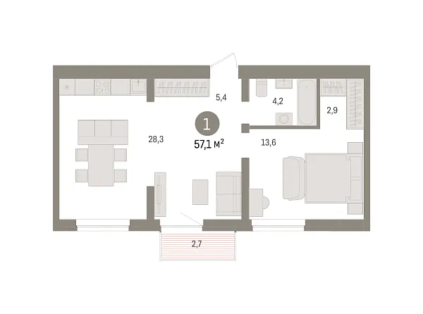 Новая 1-к квартира
 56.9 м² на 6/8 этаже в ЖК «Речной порт» в городе Тюмень 