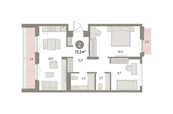 Новая 2-к квартира
 72.21 м² на 9/9 этаже в ЖК «Брусника в Академическом» в городе Тюмень 