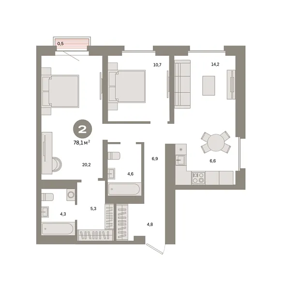 Новая 2-к квартира
 78.1 м² на 21/24 этаже в ЖК «Квартал «Метроном»» в городе Тюмень 
