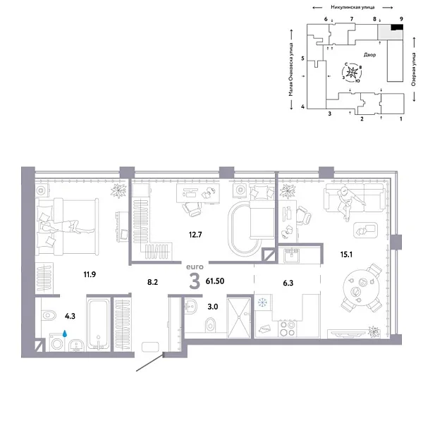 Новая 3-к квартира
 61.5 м² на 9/30 этаже в ЖК «Страна.Озёрная» в городе Тюмень 