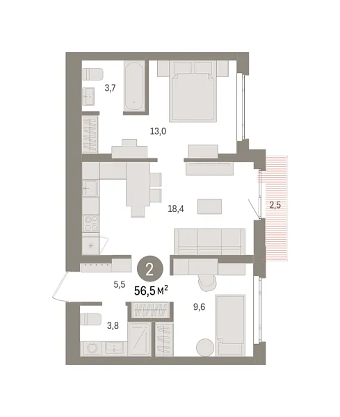 Новая 2-к квартира
 56.5 м² на 3/7 этаже в ЖК «Квартал «Траектория»» в городе Тюмень 