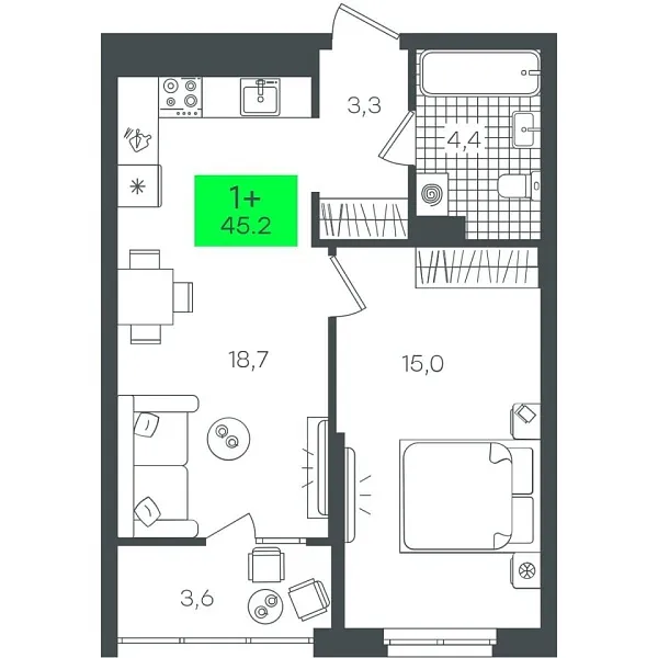 Новая 1-к квартира
 45.23 м² на 14/22 этаже в ЖК «Гранд Квартал» в городе Тюмень 