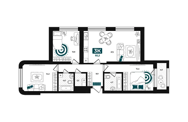 Новая 3-к квартира
 92.2 м² на 3/23 этаже в ЖК «Добро» в городе Тюмень 