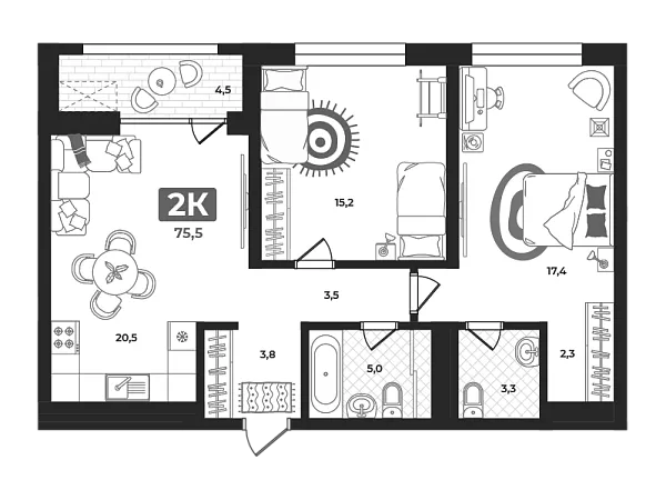 Новая 2-к квартира
 75.5 м² на 9/23 этаже в ЖК «Маэстро» в городе Тюмень 