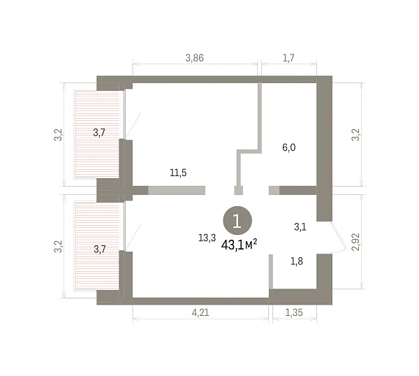 Количество комнат: 1,  43.1 кв.м.
