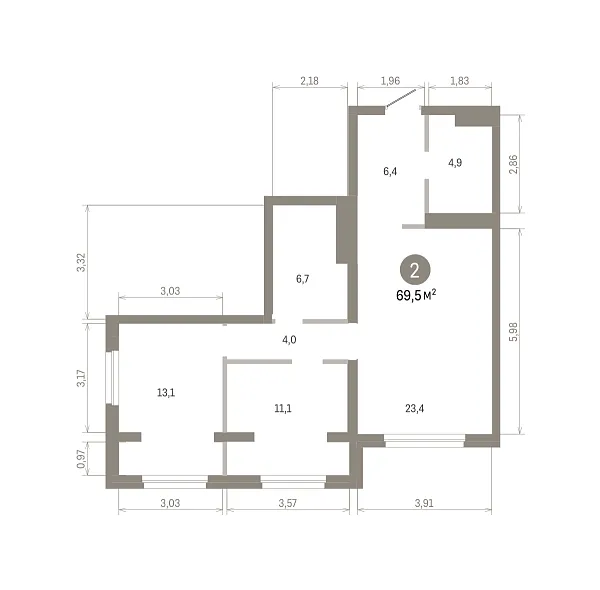 Количество комнат: 2,  69.48 кв.м.