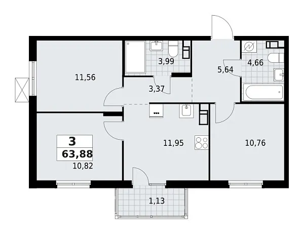 Новая 3-к квартира
 63.88 м² на 5/9 этаже в ЖК «А101 Лаголово» в городе Тюмень 