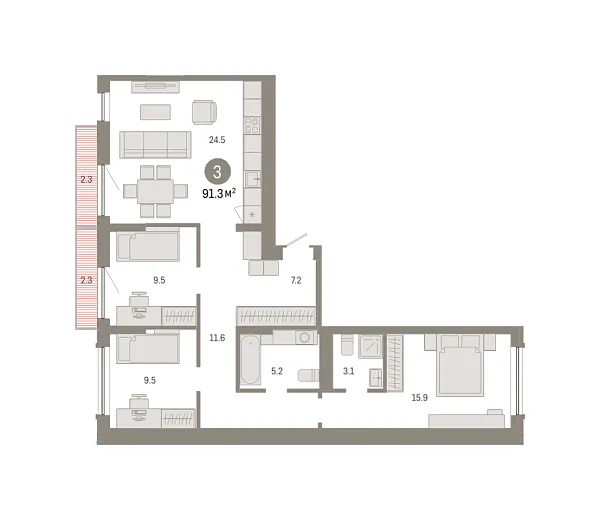 Новая 3-к квартира
 91.25 м² на 2/8 этаже в ЖК «Октябрьский на Туре» в городе Тюмень 