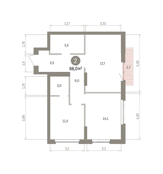 Количество комнат: 2,  66 кв.м.