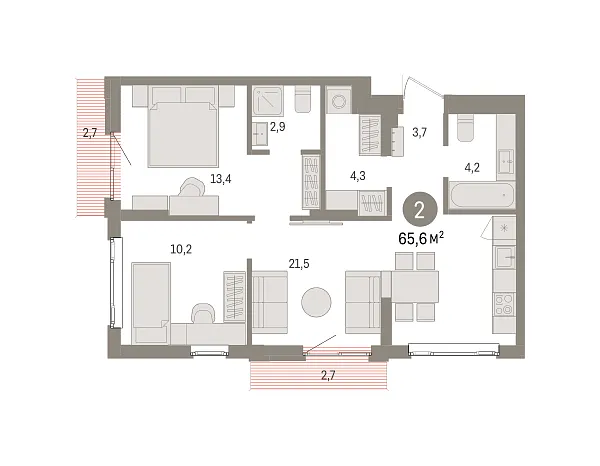 Новая 2-к квартира
 65.6 м² на 7/9 этаже в ЖК «Квартал «Траектория»» в городе Тюмень 