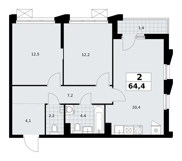 Новая 2-к квартира
 64.4 м² на 3/13 этаже в ЖК «Деснаречье» в городе Тюмень 