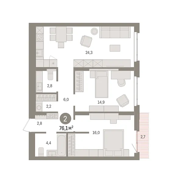 Новая 2-к квартира
 76.1 м² на 8/16 этаже в ЖК «Квартал «Траектория»» в городе Тюмень 