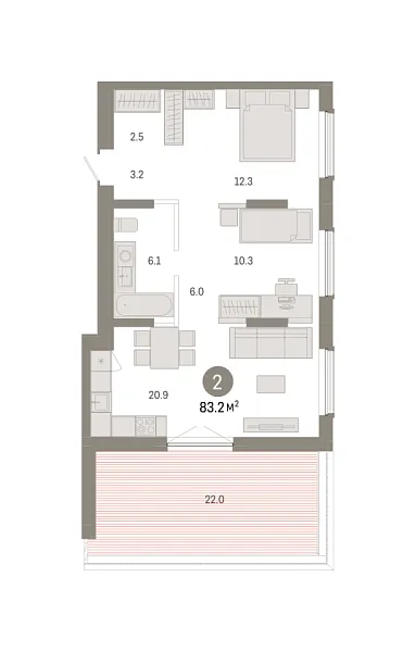 Новая 2-к квартира
 83.21 м² на 7/7 этаже в ЖК «Октябрьский на Туре» в городе Тюмень 