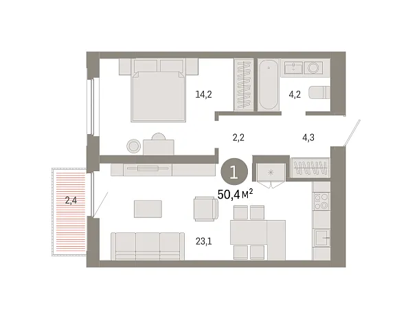 Новая 1-к квартира
 50.4 м² на 7/16 этаже в ЖК «Зарека» в городе Тюмень 