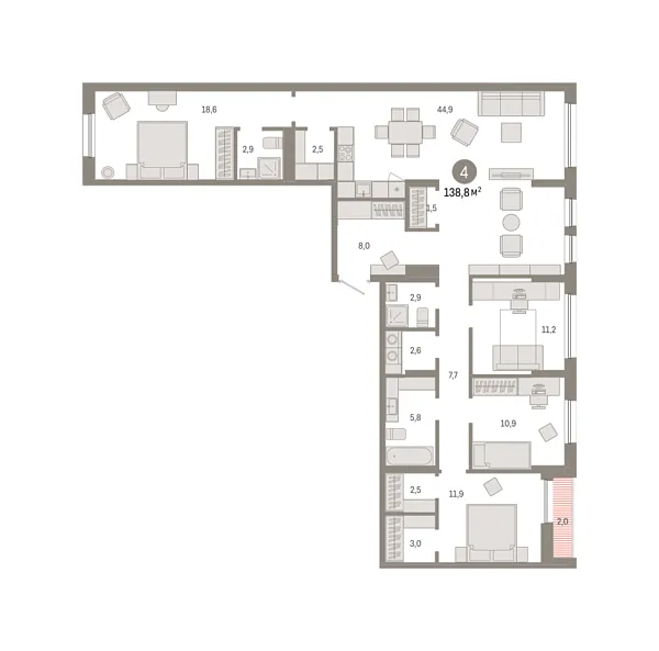 Новая 4-к квартира
 138.81 м² на 7/15 этаже в ЖК «Республики 205» в городе Тюмень 
