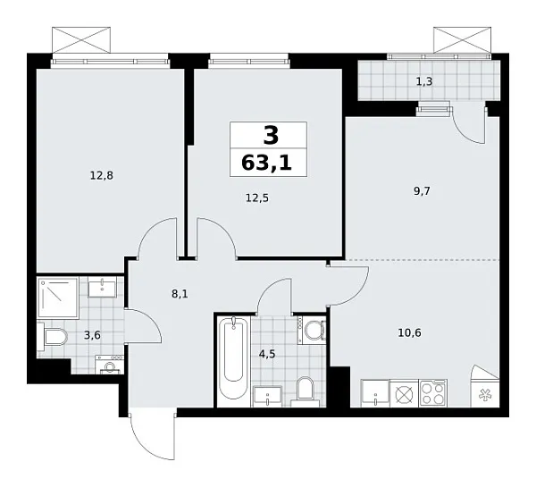 Новая 3-к квартира
 63.1 м² на 6/13 этаже в ЖК «Дзен-кварталы» в городе Тюмень 