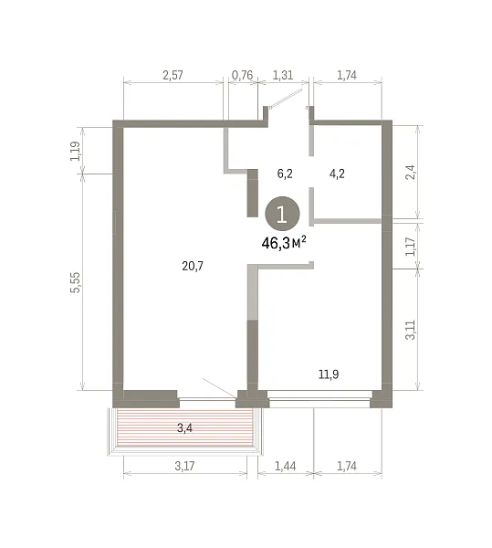 Количество комнат: 1,  46.28 кв.м.