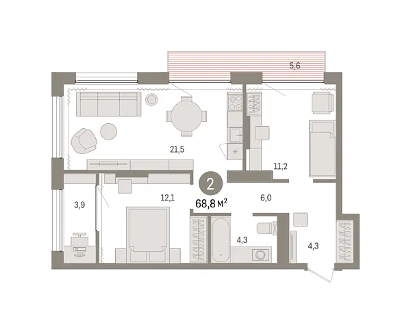 Новая 2-к квартира
 68.75 м² на 16/17 этаже в ЖК «Октябрьский на Туре» в городе Тюмень 