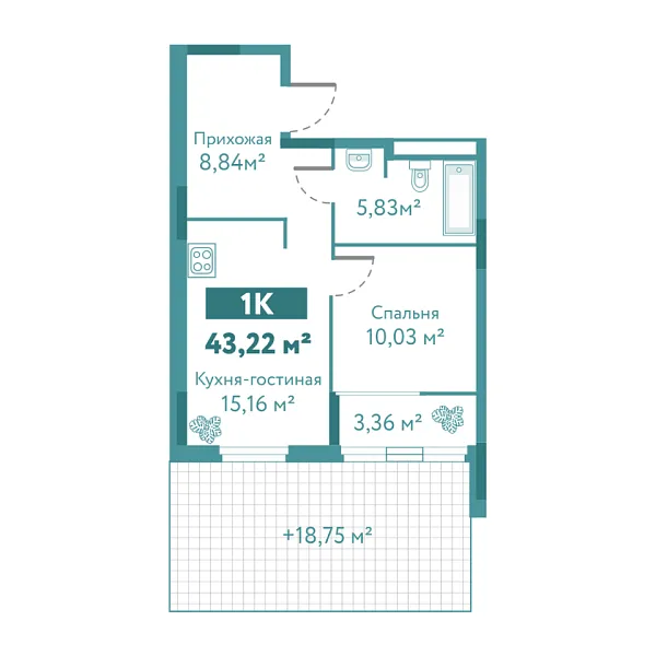 Новая 1-к квартира
 43.22 м² на 1/10 этаже в ЖК «Акватория» в городе Тюмень 