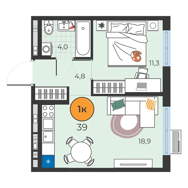 Новая 1-к квартира
 39 м² на 5/25 этаже в ЖК «Корней» в городе Тюмень 