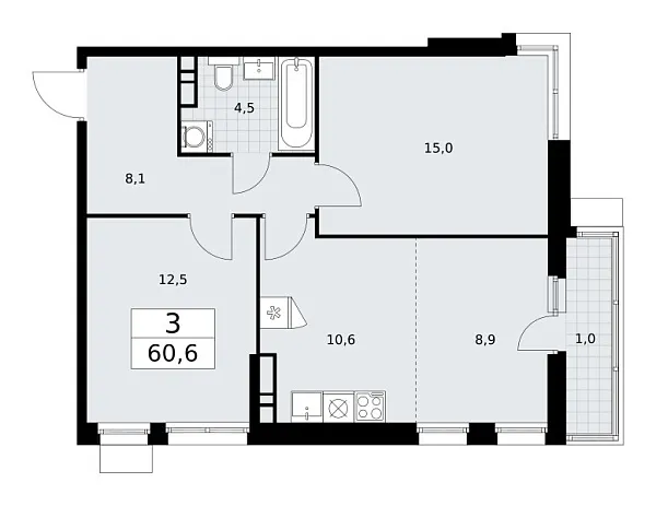 Новая 3-к квартира
 60.6 м² на 10/10 этаже в ЖК «Родные кварталы» в городе Тюмень 