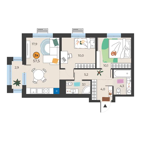 Новая 2-к квартира
 55.5 м² на 9/25 этаже в ЖК «Корней» в городе Тюмень 