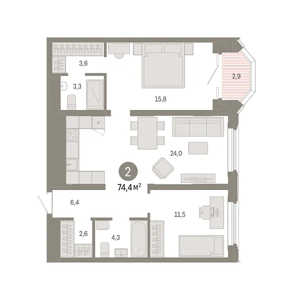 Новая 2-к квартира
 74.4 м² на 10/24 этаже в ЖК «На Некрасова» в городе Тюмень 