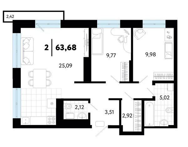 Новая 2-к квартира
 63.68 м² на 19/20 этаже в ЖК «Квартал в Гагаринском парке» в городе Тюмень 