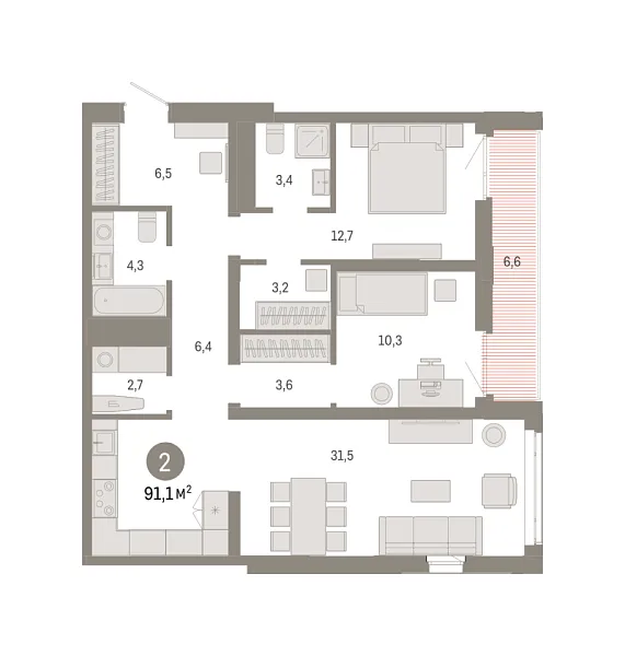 Новая 2-к квартира
 91.08 м² на 7/18 этаже в ЖК «Республики 205» в городе Тюмень 