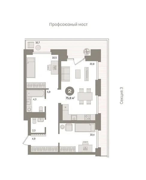 Новая 2-к квартира
 75.8 м² на 5/9 этаже в ЖК «Речной порт» в городе Тюмень 