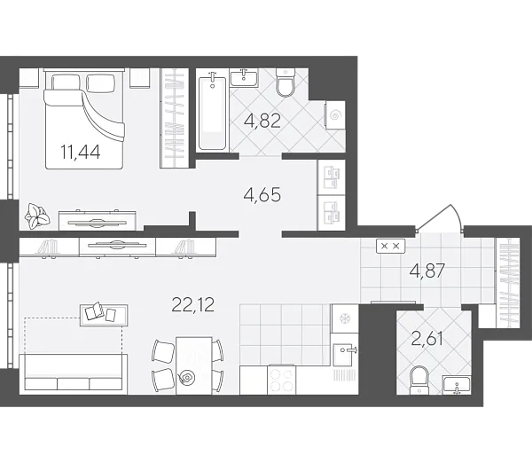 Новая 1-к квартира
 50.51 м² на 10/24 этаже в ЖК «Скандиа. Квартал в Слободе» в городе Тюмень 