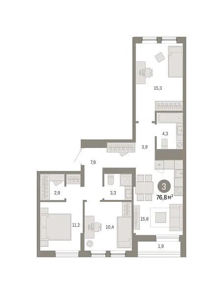 Новая 3-к квартира
 76.76 м² на 9/9 этаже в ЖК «Республики 205» в городе Тюмень 