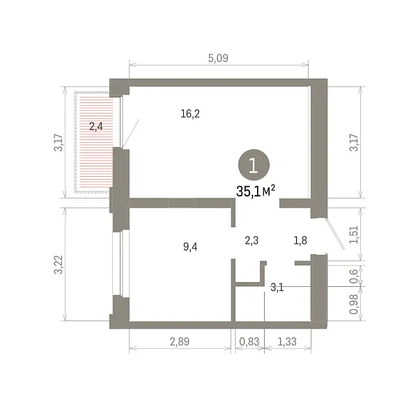 Количество комнат: 1,  35.1 кв.м.