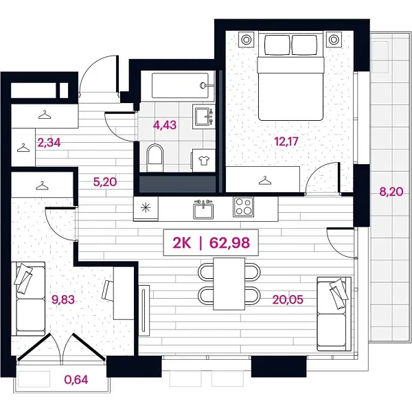 Новая 2-к квартира
 62.98 м² на 8/16 этаже в ЖК «Пушкина» в городе Тюмень 