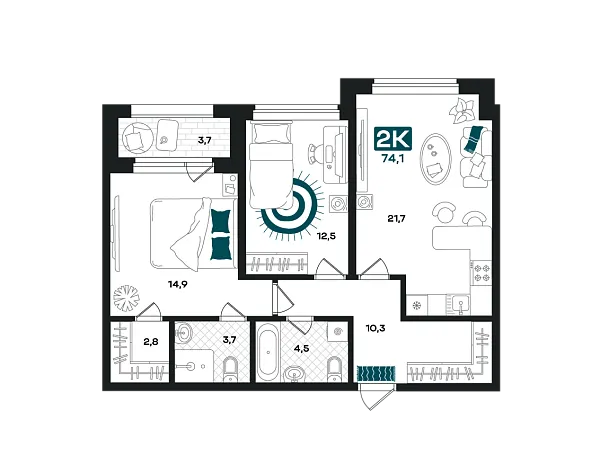 Новая 2-к квартира
 74.1 м² на 4/23 этаже в ЖК «Добро» в городе Тюмень 