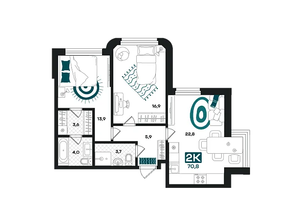 Новая 2-к квартира
 70.8 м² на 2/23 этаже в ЖК «Добро» в городе Тюмень 