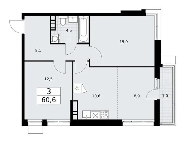 Новая 3-к квартира
 60.6 м² на 9/10 этаже в ЖК «Родные кварталы» в городе Тюмень 
