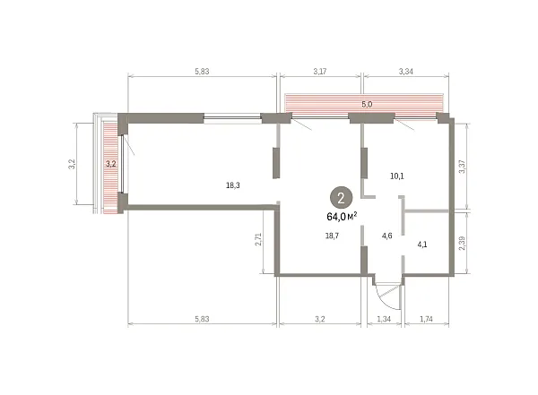 Количество комнат: 2,  63.98 кв.м.