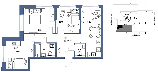 Новая 4-к квартира
 69.81 м² на 13/24 этаже в ЖК «Страна.Энтузиастов» в городе Тюмень 