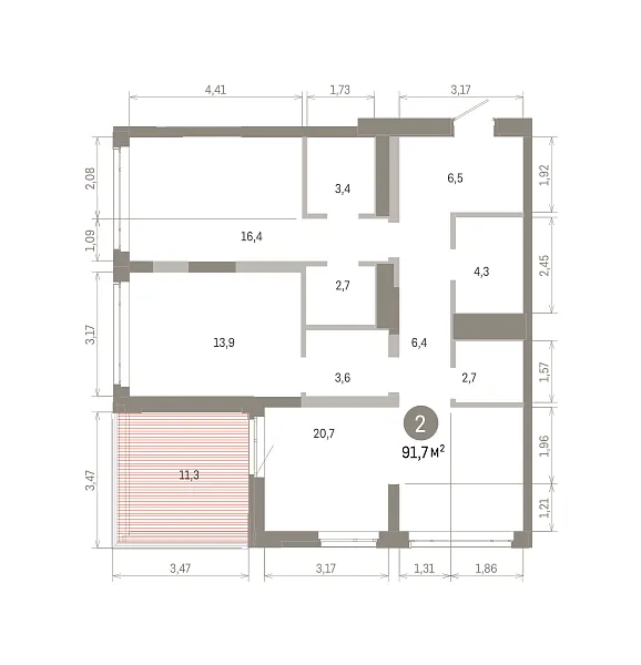 Количество комнат: 2,  91.68 кв.м.